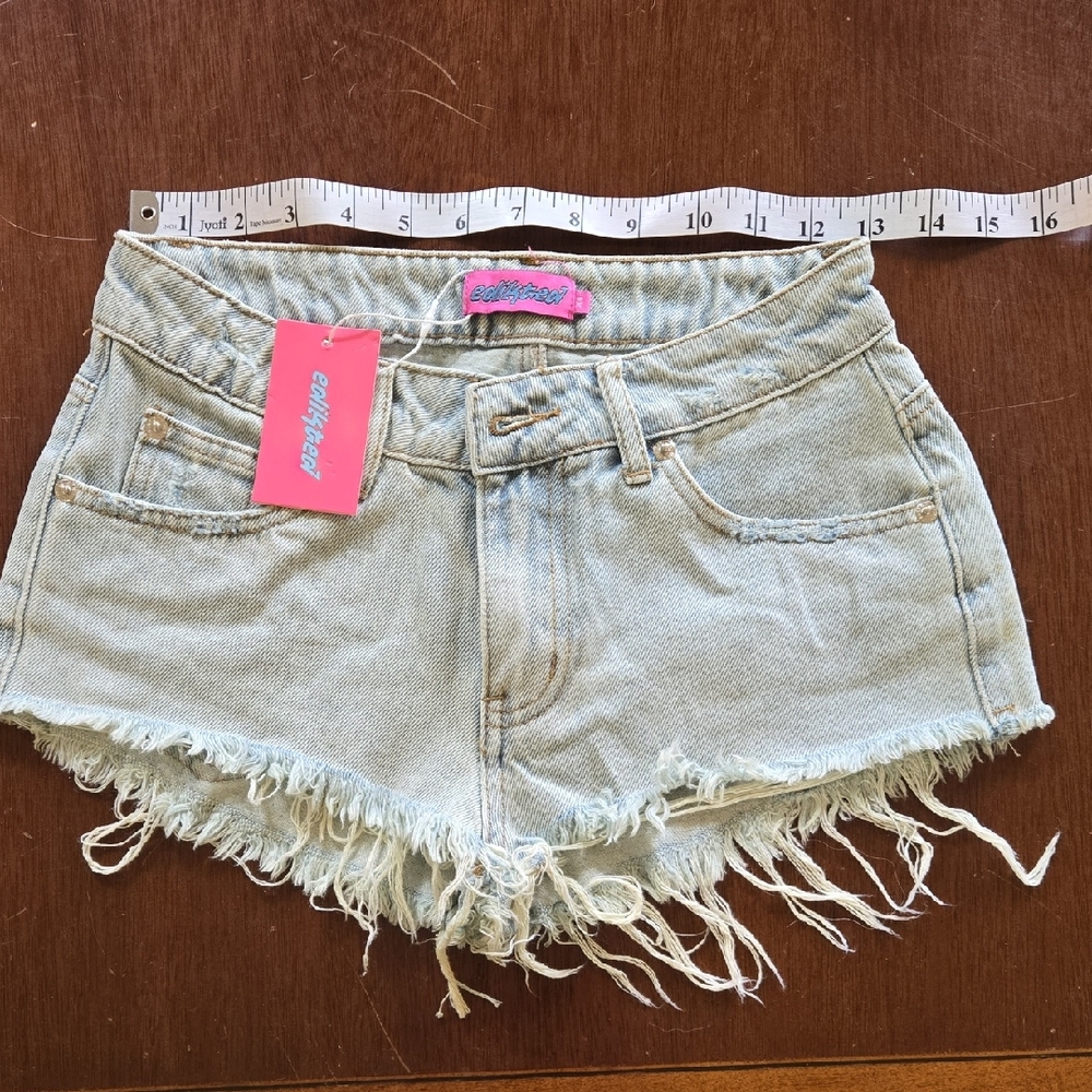 Edikted Light Blue Frayed Jean Shorts